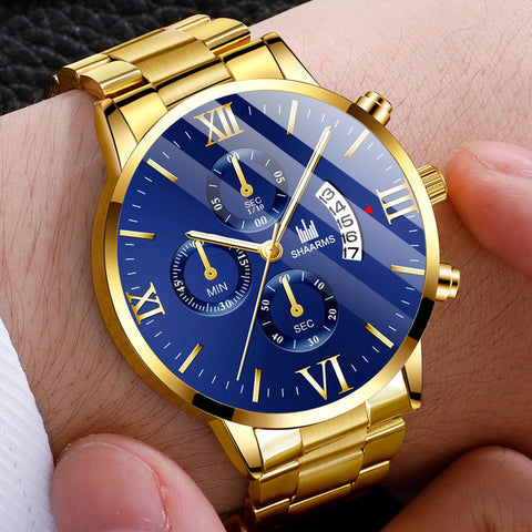 Reloj Cronógrafo de Lujo para Hombre con Números Romanos, Fecha, Resistente al Agua, Pulsera de Acero Inoxidable