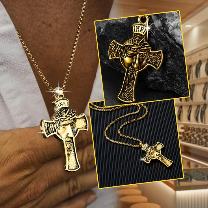 Collar con Cruz Dorada para Hombre | Colgante Religioso con Inscripción INRI