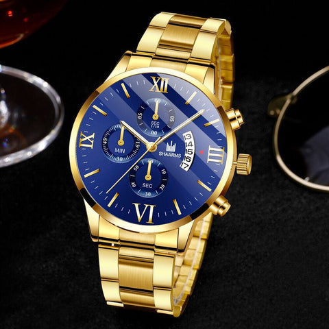 Reloj Cronógrafo de Lujo para Hombre con Números Romanos, Fecha, Resistente al Agua, Pulsera de Acero Inoxidable