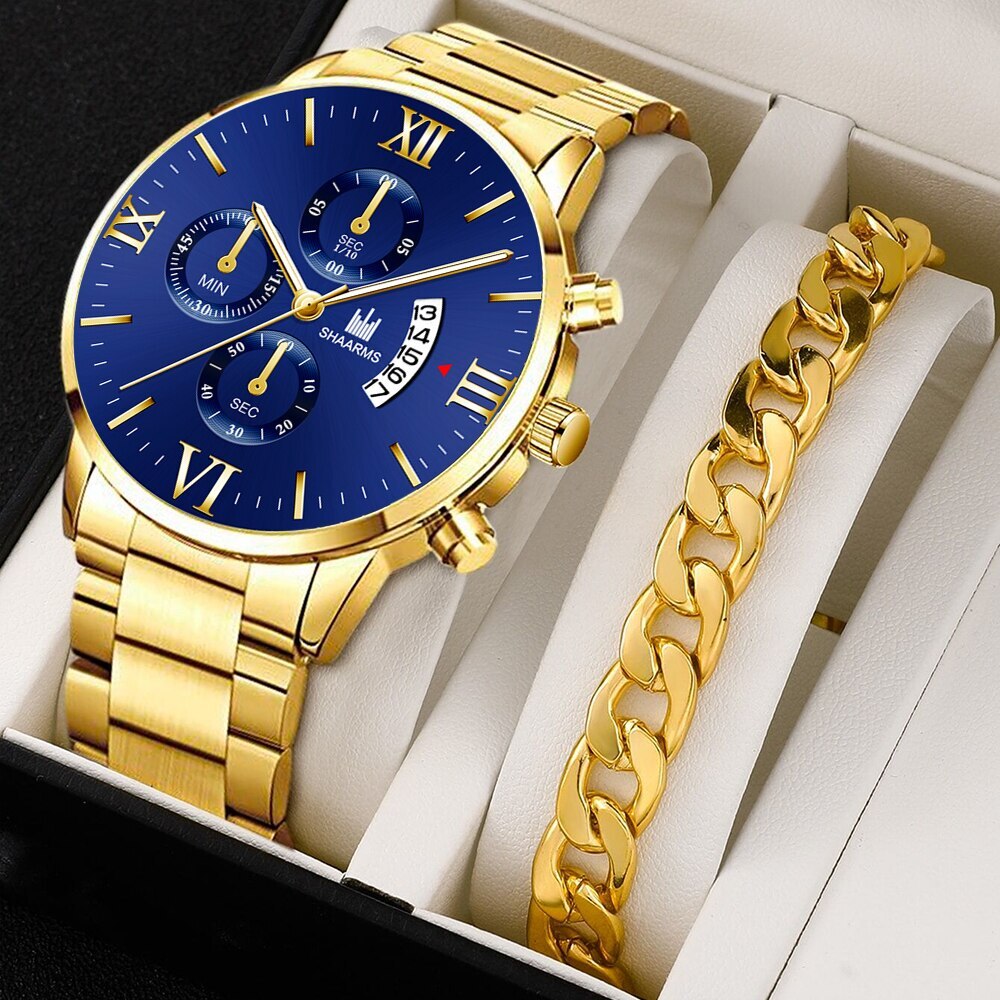 Reloj Cronógrafo de Lujo para Hombre con Números Romanos, Fecha, Resistente al Agua, Pulsera de Acero Inoxidable